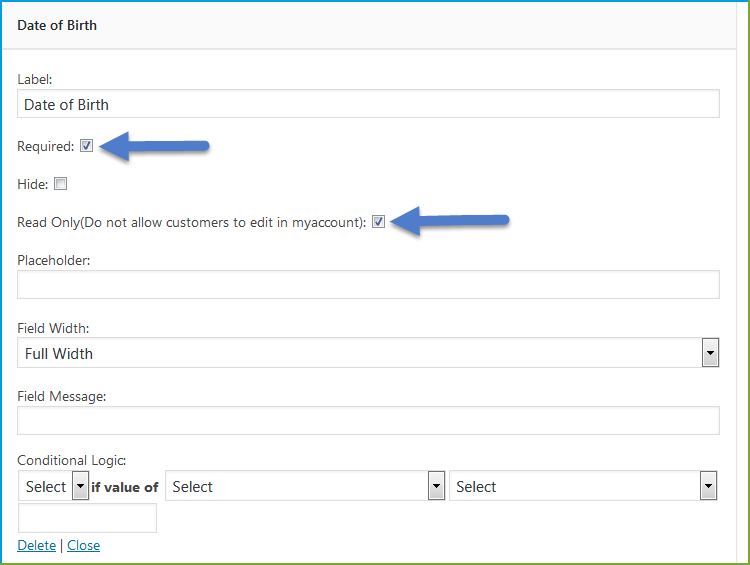 WooCommerce Registration Plugin - Felder Optionen